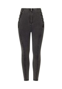 Korkeavyötäröiset mustat denimmimimmit, joissa on etuvetoketju ja teksturoitu sivupaneeli. Ominaisuuksiin kuuluu Slim fit ja ommellut yksityiskohdat saumoissa.