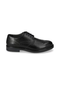 Scarpe in pelle nera con punta arrotondata, dettagli di forature brogue, sei occhielli e suola piatta in gomma. Finitura liscia, design classico.