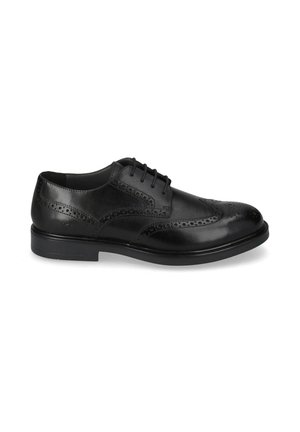 Scarpe in pelle nera con punta arrotondata, dettagli di forature brogue, sei occhielli e suola piatta in gomma. Finitura liscia, design classico.