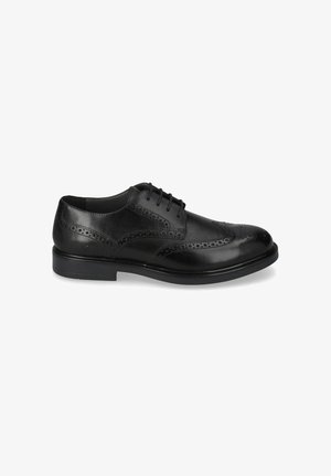 Scarpe in pelle nera con punta arrotondata, dettagli di forature brogue, sei occhielli e suola piatta in gomma. Finitura liscia, design classico.