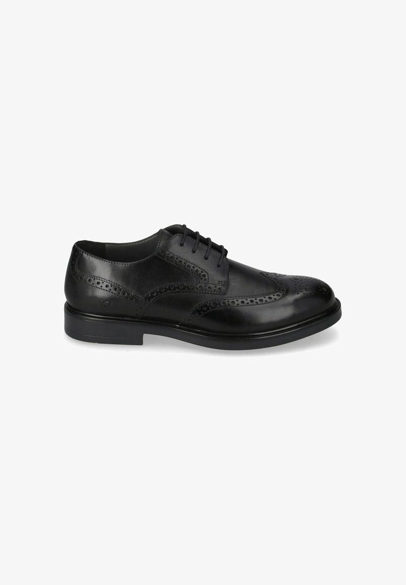 Scarpe in pelle nera con punta arrotondata, dettagli di forature brogue, sei occhielli e suola piatta in gomma. Finitura liscia, design classico.