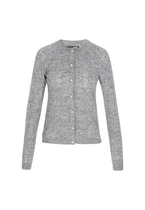 Cardigan grigio lavorato a maglia con maniche lunghe, scollo rotondo e chiusura frontale con bottoni. Presenta un motivo a rilievo e bottoni simili a perle.