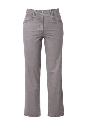 Graue Jeanshose mit geradem Bein-Design, ausgestattet mit einem Knopf- und Reißverschluss, zwei Vordertaschen und gestickten Akzenten.