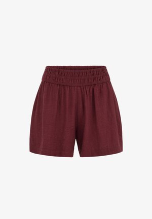 Tumši sarkanas brīva piegriezuma šorti ar sasietu elastīgu jostu un vieglu audumu, piemēroti ikdienas valkāšanai.