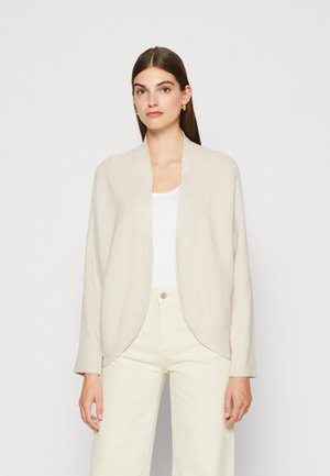Light beige cardigan with a slightly draped silhouette and open front. Made from textured knit fabric, featuring long sleeves and no fastenings.