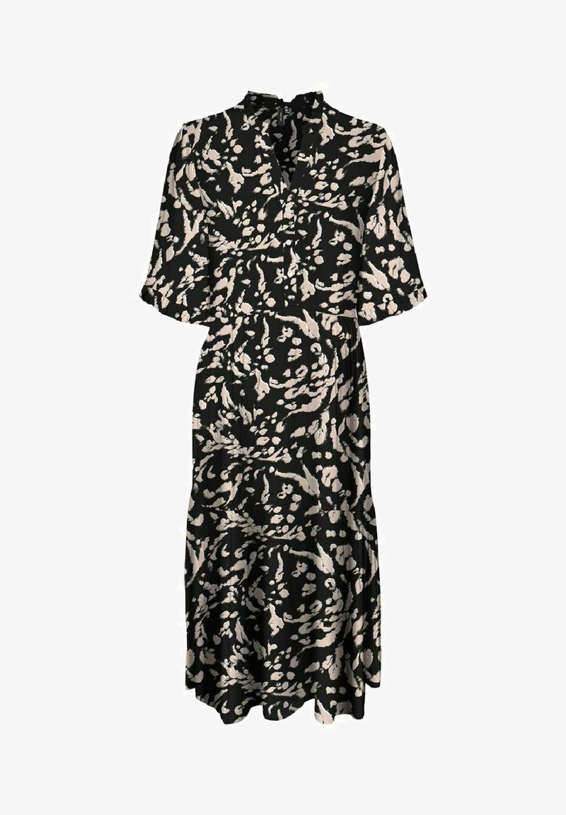 Robe noire à manches courtes, avec un motif floral abstrait beige et blanc, au design fluide et un détail de taille froncée.