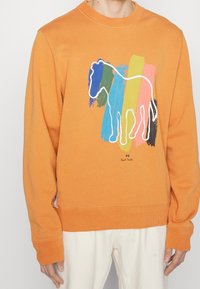 Sudadera naranja con un contorno blanco de un caballo sobre patrones de pinceladas coloridas. Los puños y el dobladillo acanalados añaden textura.
