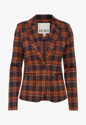 Blazer à carreaux en bleu marine et orange, avec un col cranté, une fermeture à bouton unique et une coupe ajustée en tissu texturé.