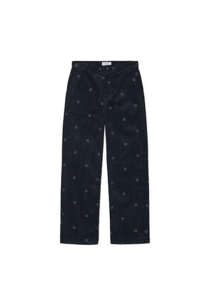 Navy corduroy trousers with a straight fit, featuring embroidered circular patterns throughout. Button and zip closure at the front.
