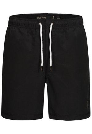 Schwarze Badeshorts aus leichtem Stoff, mit einem elastischen Bund und weißen Kordeln sowie dezentem Branding an der Seite.