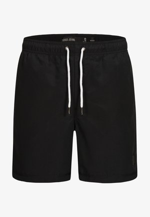 Czarne szorty kąpielowe wykonane z lekkiego materiału, z elastycznym pasem w talii i białymi sznureczkami oraz subtelnym logo po boku.