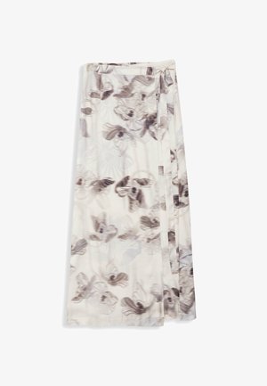 Langer Wickelrock mit cremeweißem Hintergrund, verziert mit dezenten grauen Blumenmustern und seitlicher Bindung.