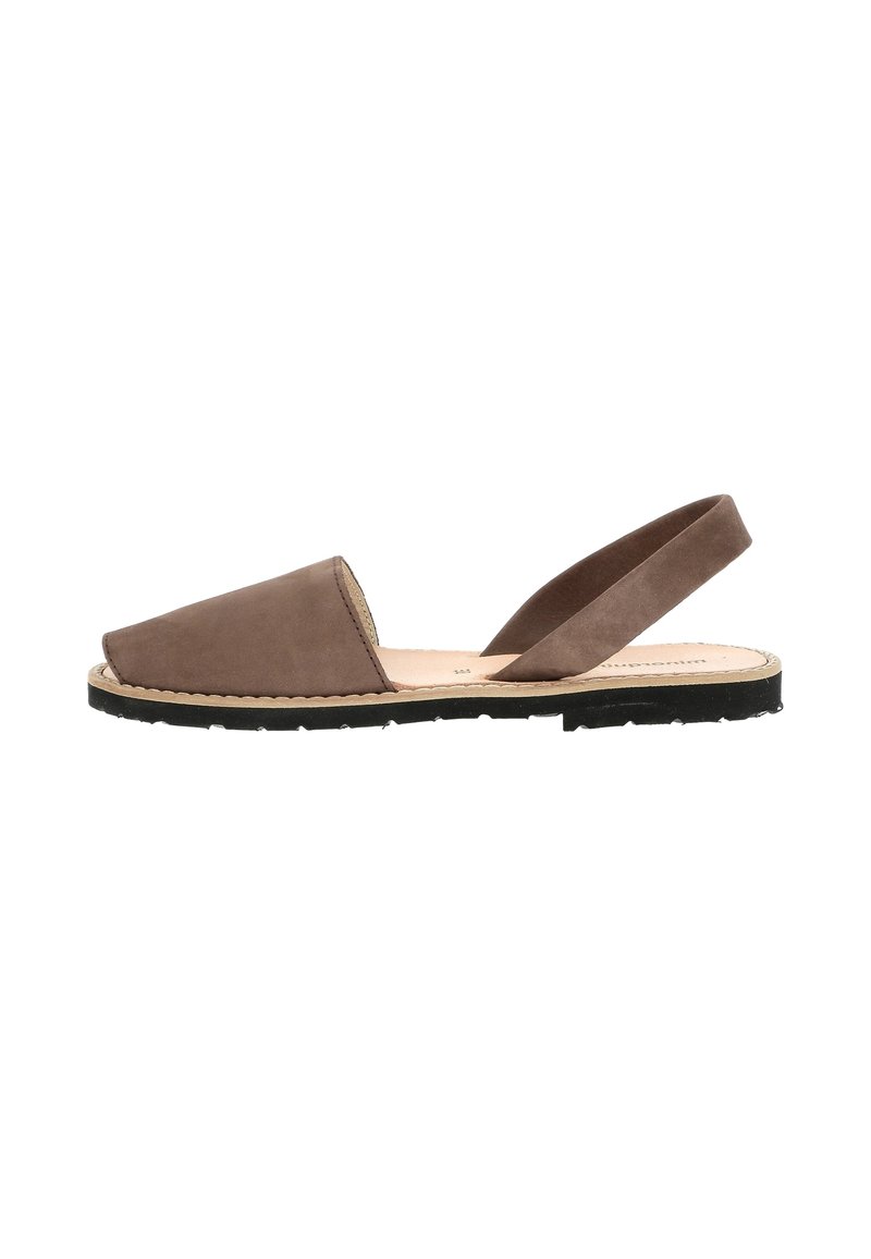 Brown suede slingback sandal with a pointed toe and a black rubber sole. Features smooth texture and simple design.