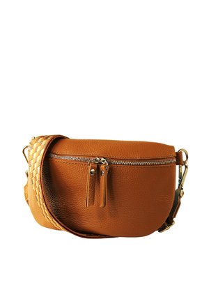 Brown textured leather crossbody bag with dual zipper pulls and a wide checkered strap attached with gold-tone hardware.