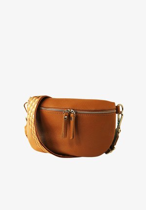 Brown textured leather crossbody bag with dual zipper pulls and a wide checkered strap attached with gold-tone hardware.