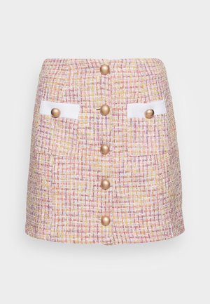 TWEED HIGH WAISTED MINI SKIRT WITH CONTRAST POCKETS - Mini skirt - pink/multi/tweed white