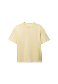 T-shirt en coton jaune à manches courtes, avec un col rond et une coupe décontractée. Texture douce, sans motifs ni graphiques visibles.