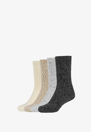 Four pairs of socks displayed: cream ribbed, beige textured cable knit, gray striped, and charcoal solid. Wool blend material.