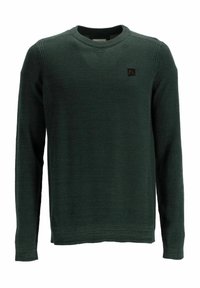 Grüner gestrickter Pullover mit langen Ärmeln, Rundhalsausschnitt, strukturiertem Stoff und kleinem schwarzen Logo auf der Brust. Rippbündchen und Saum.