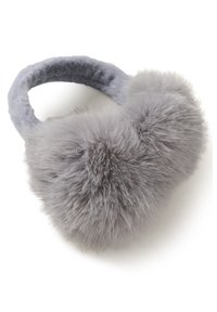 Soft, fluffy light gray earmuffs with plush round ear covers and a flexible band, shown on a white background.