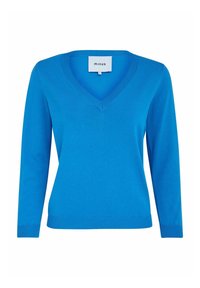 Pull en maille bleu vif à col en V avec manches longues, poignets et ourlet côtelés. Texture douce avec un design simple et épuré. Étiquette de la marque visible.