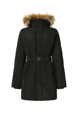 Zwarte gevoerde parka jas met een ceintuur, een met bont gevoerde capuchon en twee voorzakken. Gladde textuur met een lichte glans.
