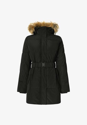Parka nera imbottita con vita cintrata, cappuccio foderato in pelliccia e due tasche frontali. Texture liscia con una leggera lucentezza.