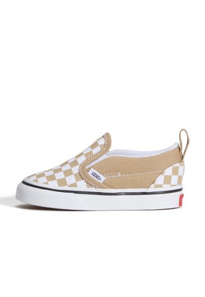 Beige og hvid ternet slip-on Vans sko med hvid gummisål og sort stribe, trækstrop ved hælen og Vans logo mærkat på siden.