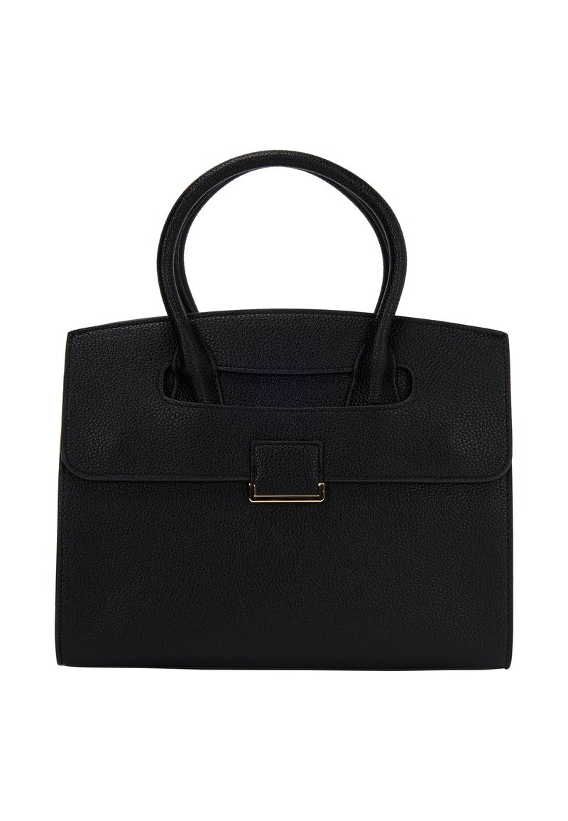 Zwarte leren handtas met een gestructureerd oppervlak, een gestructureerde vorm, bovenhandvatten en een rechthoekige flap met een kleine gouden sluiting.