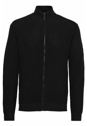 Black knitted sweater with a high collar and full-length zip. Textured pattern and ribbed cuffs complete the design.