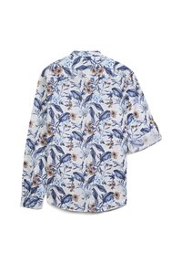 Camicia a maniche lunghe in tessuto leggero con un motivo floreale nei toni del blu e del marrone. Presenta un colletto e maniche arrotolate.
