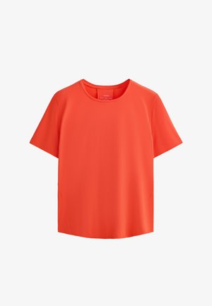 Red short-sleeved t-shirt with a round neckline, made from smooth fabric. Features a relaxed fit and simple, clean design.