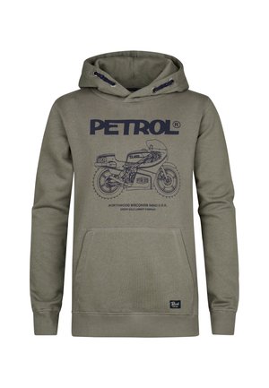 Hoodie vert olive avec une capuche à cordon, une poche avant et un design graphique bleu représentant une moto et du texte sur le devant.