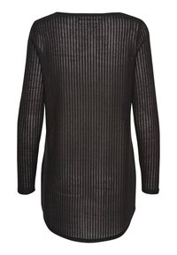 Zwarte top met lange mouwen en een geribbelde structuur, voorzien van een ronde halslijn en een iets verlengde achterkant. Lichtgewicht, doorzichtige stof.