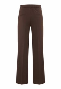 Brown flared trousers with a smooth texture, featuring a flat waistband and two back pockets. Simple design without visible fasteners.