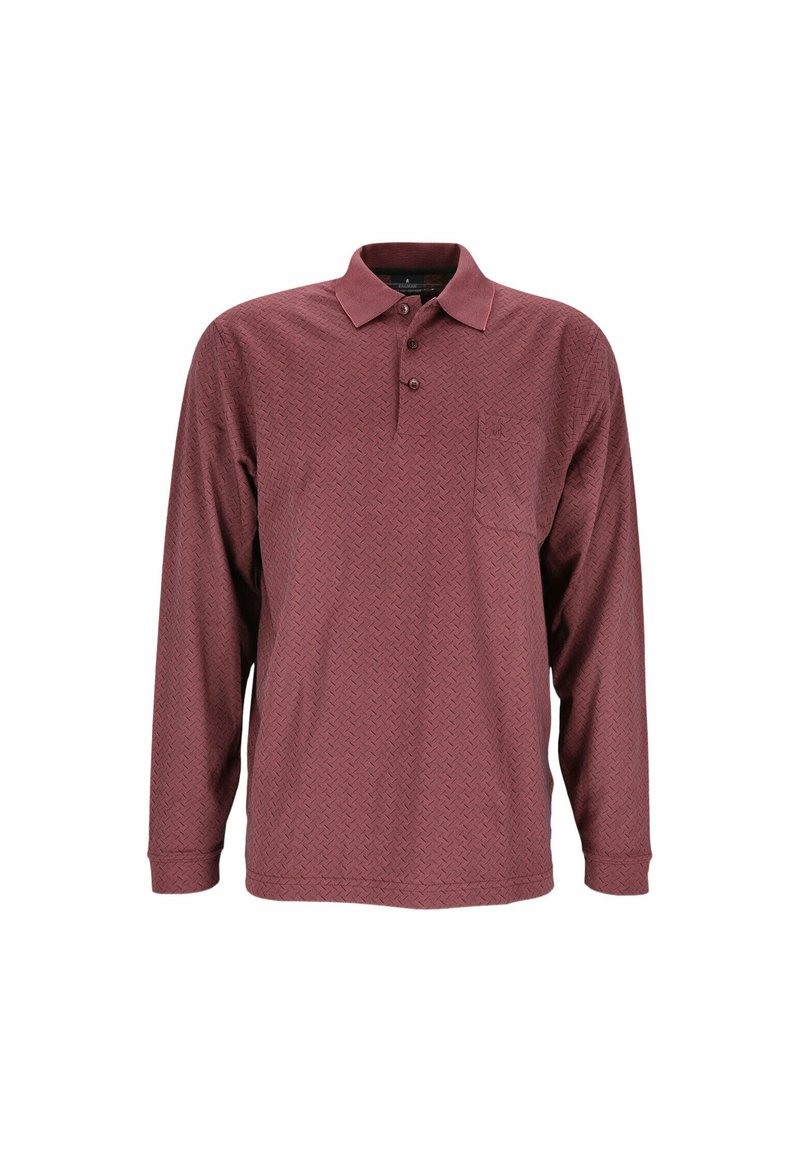 Langärmliges burgunderfarbenes Polohemd mit strukturiertem Rautenmuster, zwei-Knopf-Leiste und einer Brusttasche auf der linken Seite.