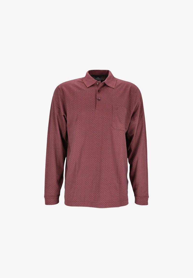 Langärmliges burgunderfarbenes Polohemd mit strukturiertem Rautenmuster, zwei-Knopf-Leiste und einer Brusttasche auf der linken Seite.