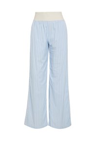Jasnoniebieskie spodnie z szerokimi nogawkami w pionowe białe paski. Elastyczny pas wykonany z gładkiego białego materiału. Gładka tekstura i luźny krój.