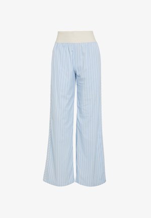Svetlomodré nohavice s širokými nohavicami a vertikálnymi bielymi pruhmi. Elastický pás z jednoliateho bieleho materiálu. Hladká textúra a voľný strih.