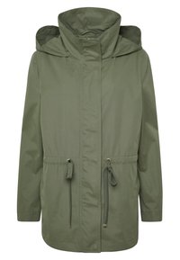 Olivově zelená nepromokavá bunda má kapuci, stahovací pas a zipovou přední část s hladkou texturou a minimalistickým designem.