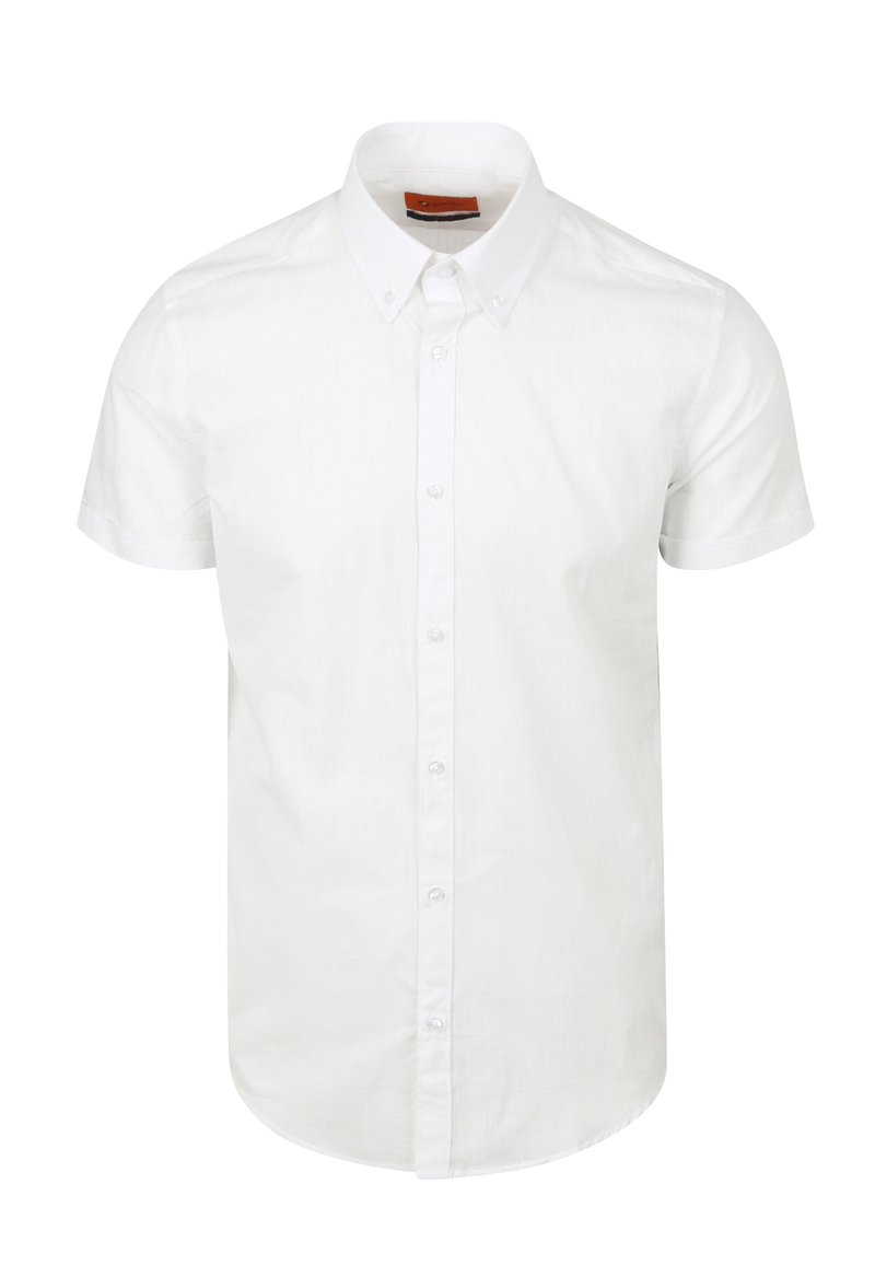 Witte short-sleeve button-up shirt gemaakt van gladde stof. Bevat een klassieke kraag, een voorpand met knopen en een gebogen zoom.