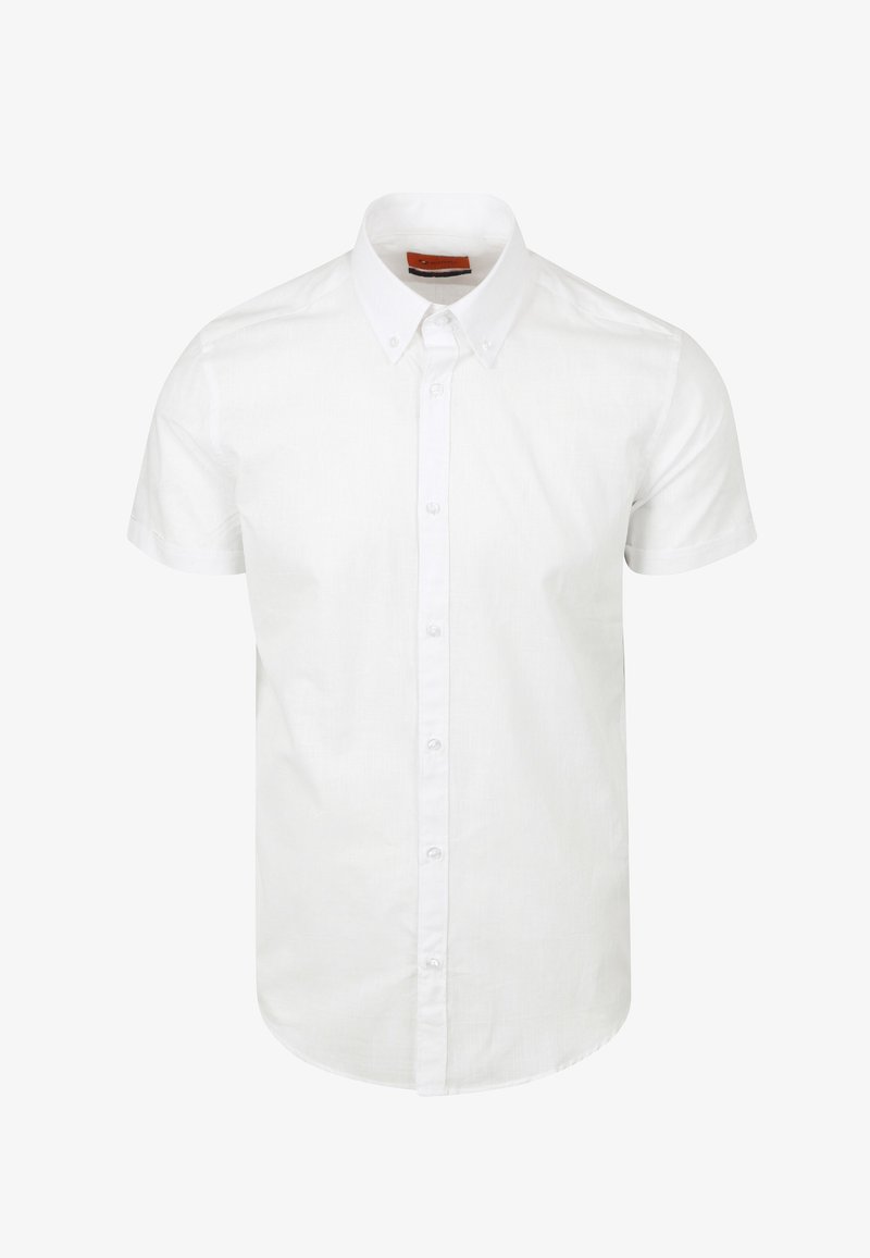 Witte short-sleeve button-up shirt gemaakt van gladde stof. Bevat een klassieke kraag, een voorpand met knopen en een gebogen zoom.