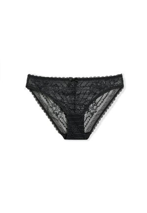 Culotte noire en dentelle avec motif floral, bordures festonnées et un nœud central. Côtés en maille et dos uni offrant un contraste de textures.