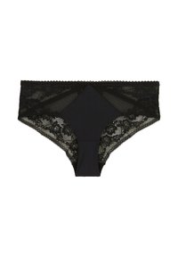 Sous-vêtements en dentelle noire avec un panneau central solide et des côtés en dentelle transparente. Motif floral délicat le long des bords avec des détails festonnés.
