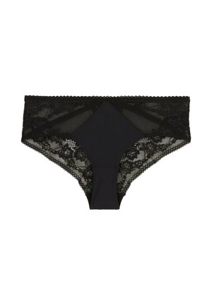 Sous-vêtements en dentelle noire avec un panneau central solide et des côtés en dentelle transparente. Motif floral délicat le long des bords avec des détails festonnés.
