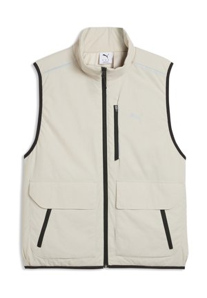 Gilet smanicato beige chiaro con zip nera, due tasche frontali con patta, una tasca sul petto con zip e collo alto.