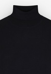 Schwarzer Rollkragenpullover, figurbetontes Design, gerippter Kragen, weiche Stofftextur und keine sichtbaren Muster oder Hardware-Details.