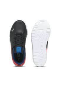 Schwarze synthetische Sneakers mit einer weißen Sohle und roten sowie blauen Akzenten. Verfügt über eine Schnürung und eine strukturierte, rutschfeste Laufsohle. Weiche Innenauskleidung.