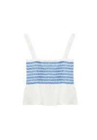 Witte mouwloze top met smock blauwe details op de borst en een ruchesrand. Gemaakt van een lichtgewicht, gestructureerde stof.