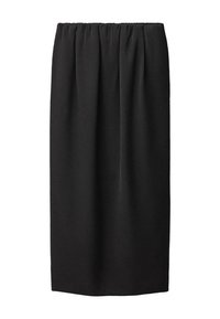 Black knee-length skirt made from soft fabric, featuring an elastic waistband, smooth texture, and minimalistic design with no embellishments.